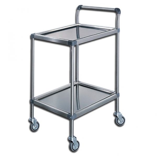 Carrello medicazione Plus, con vassoi removibili. Struttura in acciaio INOX montata su rotelle Ø 80 mm.