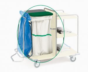 Sacco per carrelli lavanderia in tessuto sintetico bianco con striscia verde.